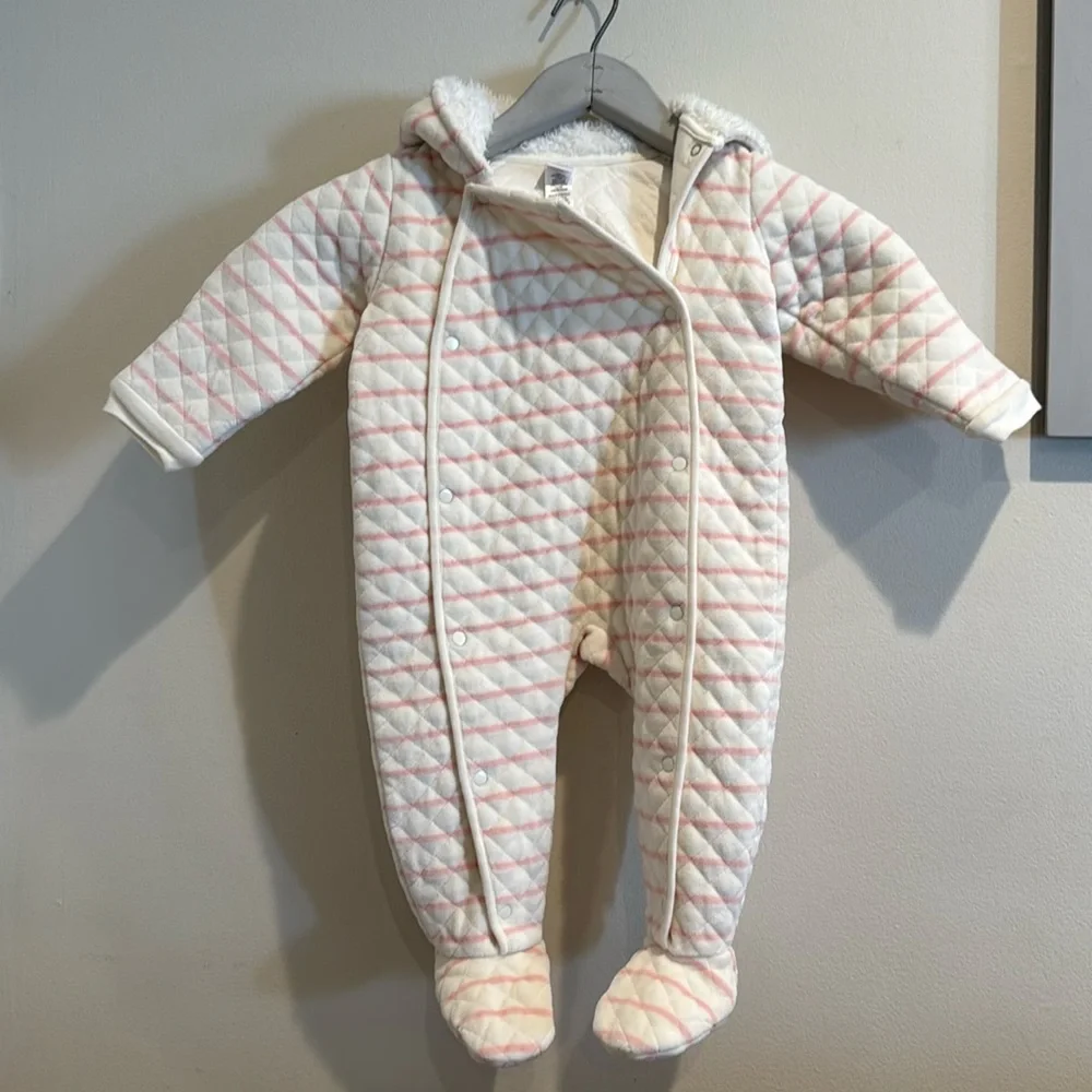Nordstrom Hooded Baby Bunting Quilted‎ Bear - Pink Stripes 12 months